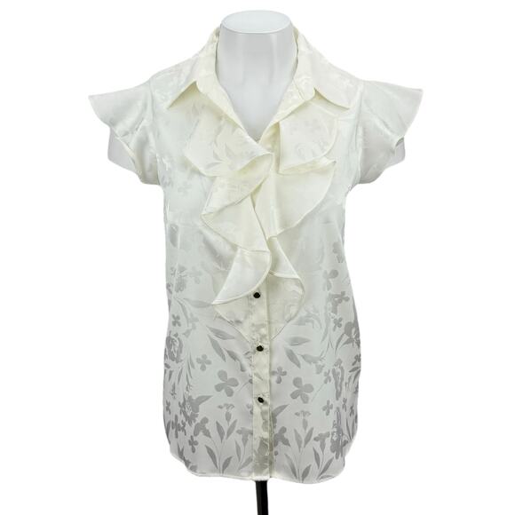 NWT CALVIN KLEIN Floral Ruffle Flutter Sleeves Button Up Top Sz XS Ivory White - Picture 2 of 6